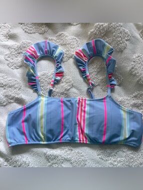 Vineyard Vines Blue Striped Ruffle Bikini Top with Neon Accents